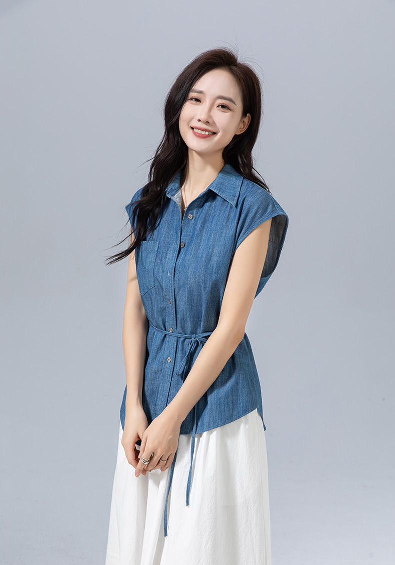 Áo sơ mi denim Tencel không tay thiết kế Xinge dáng suông đi làm — Màu xanh lam chi tiết 20
