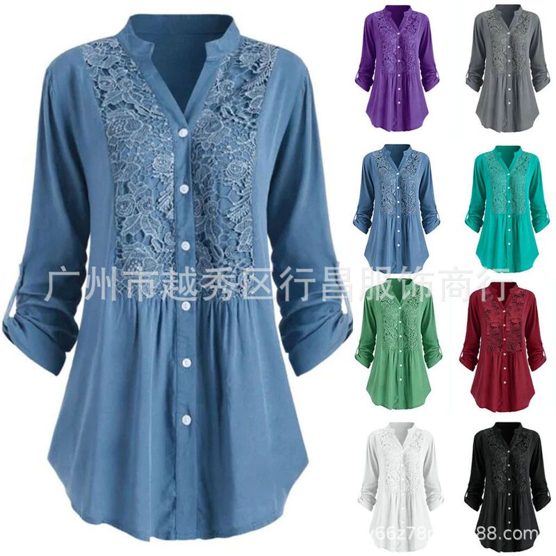 2024 Explosions Solid Color Long Sleeve Ram Lace Stitching Women's Shirt