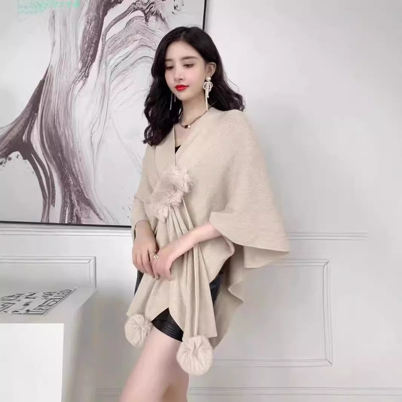Autumn and Winter Fur Ball Shawl, Large Size Loose-Fitting Slimming Knit Cardigan, Irregular Cape, V-Neck