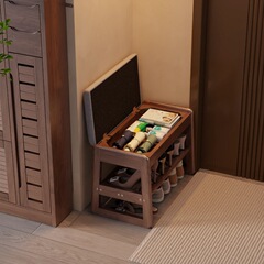 木製の靴交換腰掛け家庭の入り口の小戸型の入り口には靴腰掛けを履いて家に入る腰掛けの柔らかいクッションを履いて靴腰掛けの靴箱を履く。