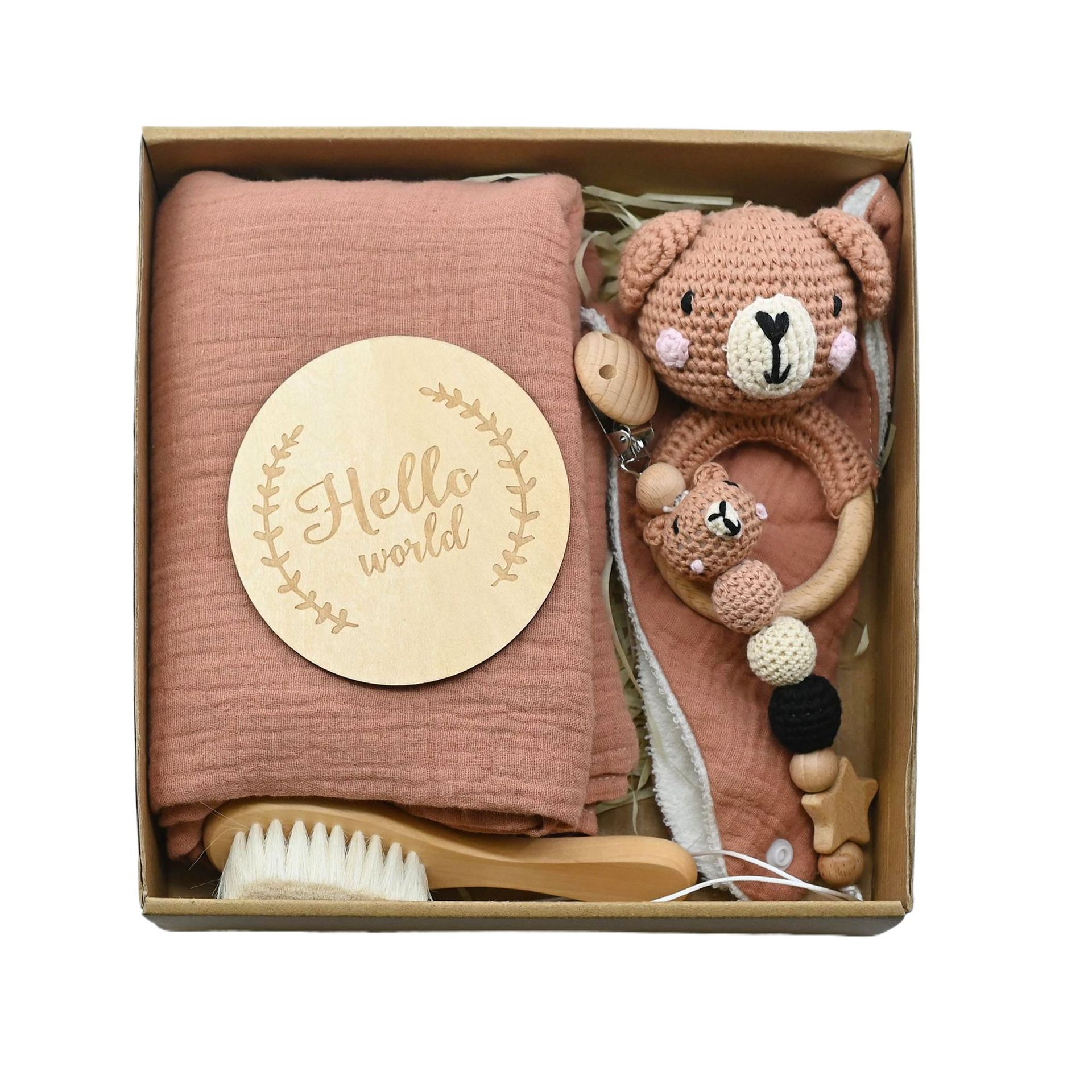 Nuevo bebé animal crochet campana de madera caja de regalo de nacimiento juego cadena de chupete bebé nacimiento luna llena regalo