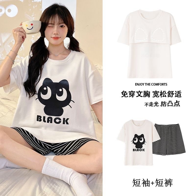 睡衣女夏季短袖套甜美带胸垫韩版卡通学生休闲宽松大码宿舍家居服|undefined
