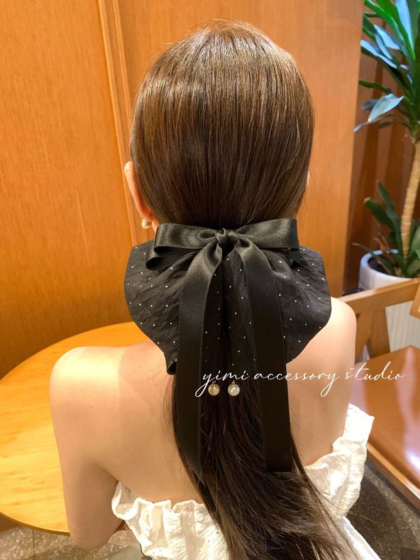 法式温柔黑色波点蝴蝶结马尾抓发夹女后脑勺高级感抓夹温柔发饰|undefined