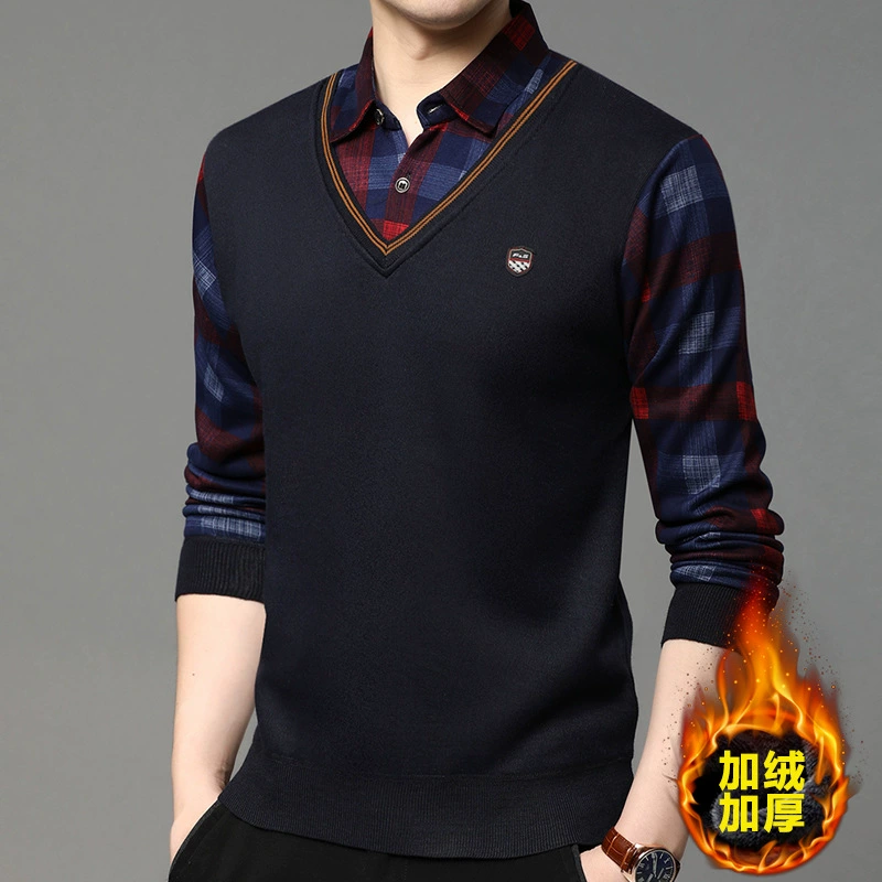 Новый поддельный свитер из двух частей, Мужская утолщенная Базовая рубашка на флисовой подкладке, осенне-зимняя рубашка для молодежи и среднего возраста, вязаная рубашка с воротником, пальто