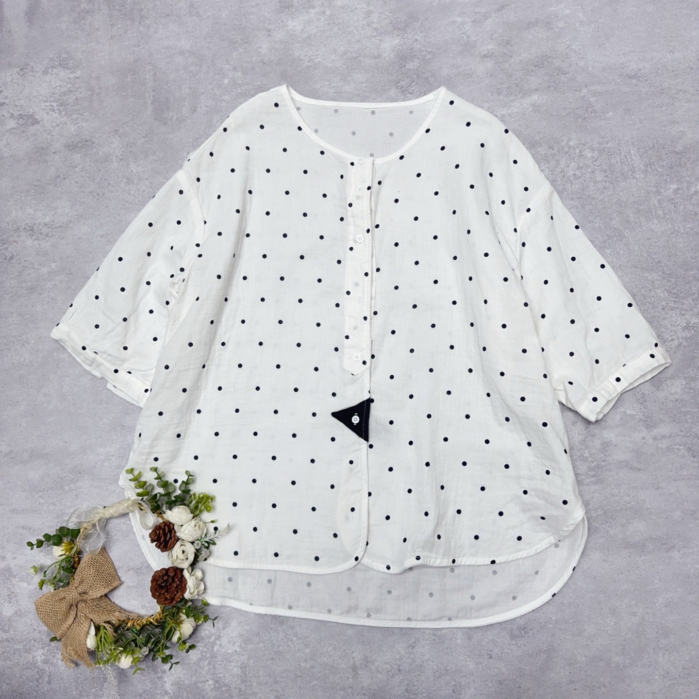 日系双层纱波点短袖衬衫夏季新款宽松减龄纯棉单排扣圆领上衣薄款