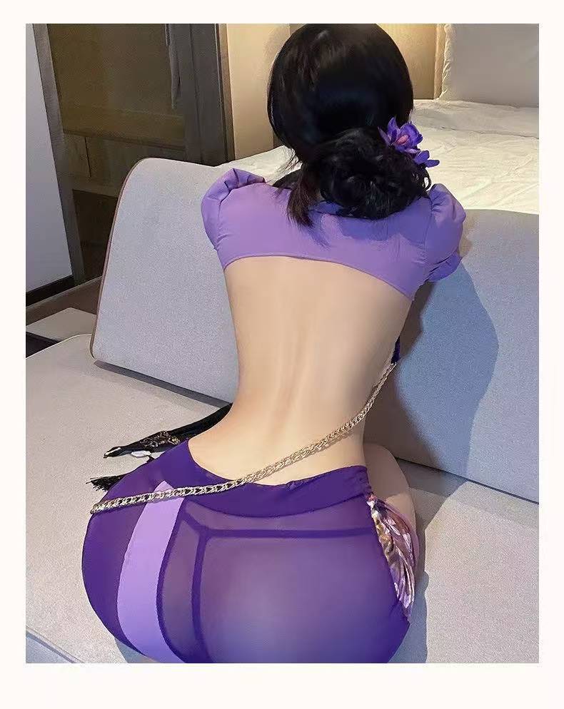 Retro Open-Chest Cheongsam Lingerie Set with Pull Chain, Purple Mesh Polyester, One Size — detail image 11