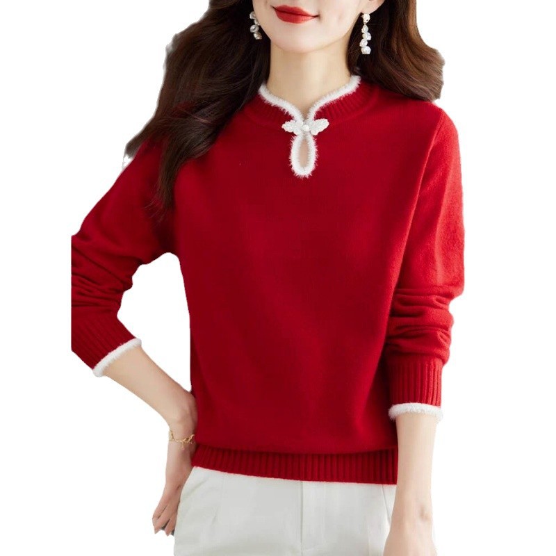 (2개) 2024 새로운 가을과 겨울 드래곤 년 옷 플러스 사이즈 빨간 스웨터 중국 여성 의류 중국 스타일 기본 셔츠 여성