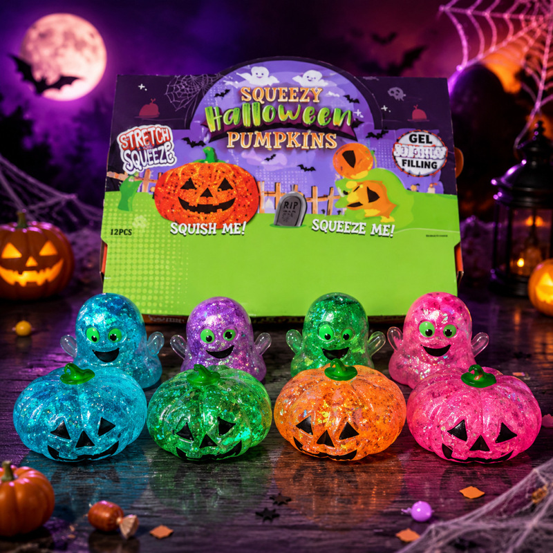 Cross-border funny pumpkin head squeeze toy with maltose and glitter for stress relief, Halloween squeeze toy, popular online toy wholesale Cross-border funny pumpkin head squeeze toy with maltose and glitter for stress relief, Halloween squeeze toy, popular online toy wholesale