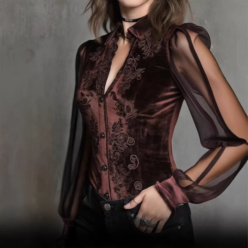 8076 New Style Long Retro Velvet Patchwork Shirt for Women, Long-Sleeved Slim-Fitting Elegant Top, Autum Gothic Style Shirt 8076 New Style Long Retro Velvet Patchwork Shirt for Women, Long-Sleeved Slim-Fitting Elegant Top, Autum Gothic Style Shirt