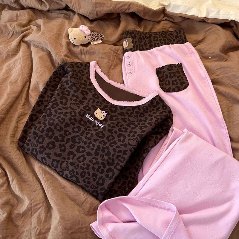 复古甜美辣妹风豹纹HelloKitty睡衣女秋季新款长袖长裤家居服套装|undefined