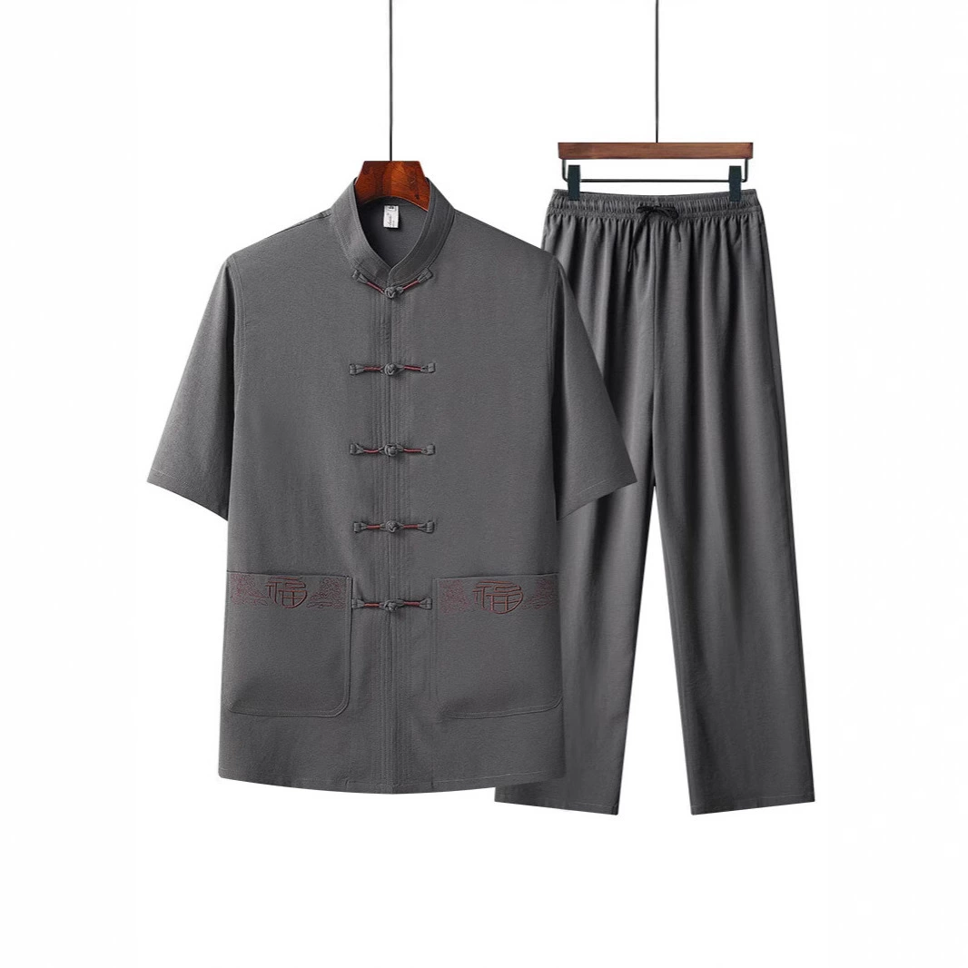 Костюм Тан, мужской летний тонкий костюм с короткими рукавами династии Хань для среднего и пожилого возраста, костюм дедушки в китайском стиле, одежда для пожилых людей, костюм для папы, ледяной шелк
