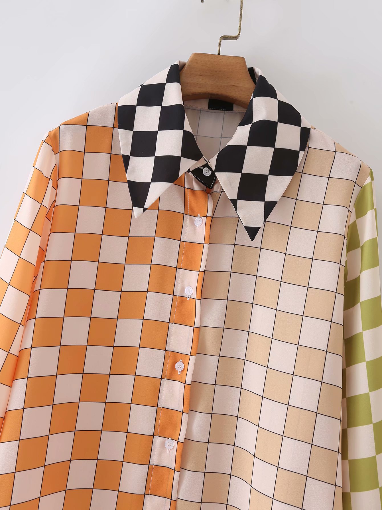 autumn color matching checkerboard print blouse nihaostyles wholesale clothing NSAM80998