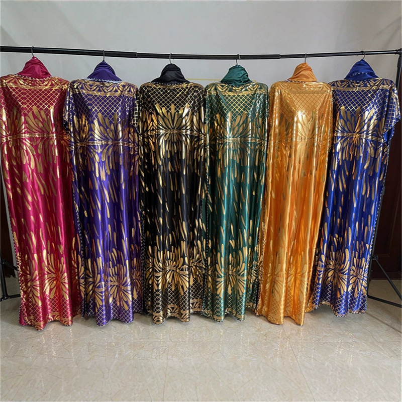 Ah2404 # New Style Robe with Gold Stamping, One-Line Neckline, Casual Headscarf, Large Size, Loose Fit, Shiny Fabric Long Dress. Ah2404 # New Style Robe with Gold Stamping, One-Line Neckline, Casual Headscarf, Large Size, Loose Fit, Shiny Fabric Long Dress.