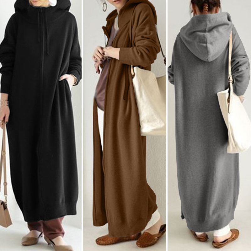 2023 fashion hooded sports fleece-lined sweater casual long sleeve zipper coat women's plus size solid color robe