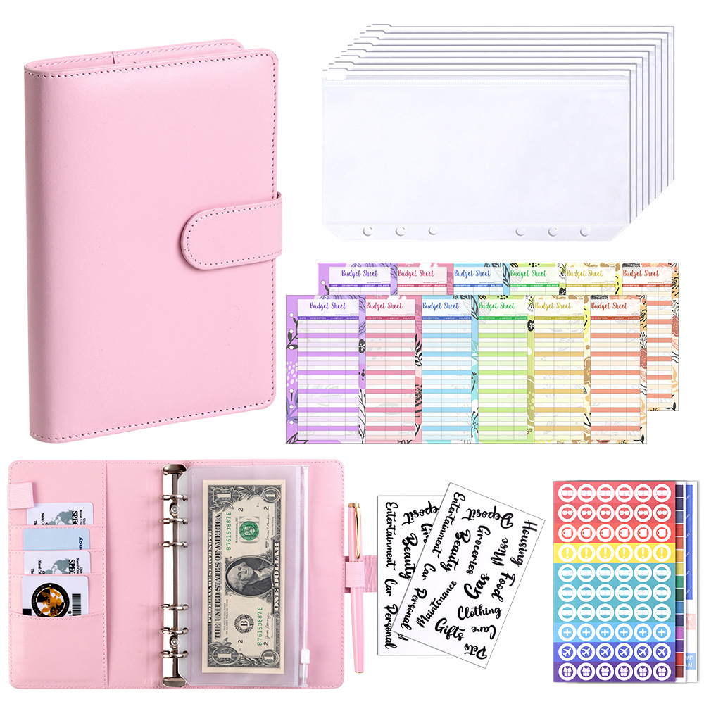 Presupuesto transfronterizo Cash Clip de hojas sueltas Bolsa con cremallera Sobres Libro de cuentas A6 Macarons PU Cuaderno de hojas sueltas de cuero
