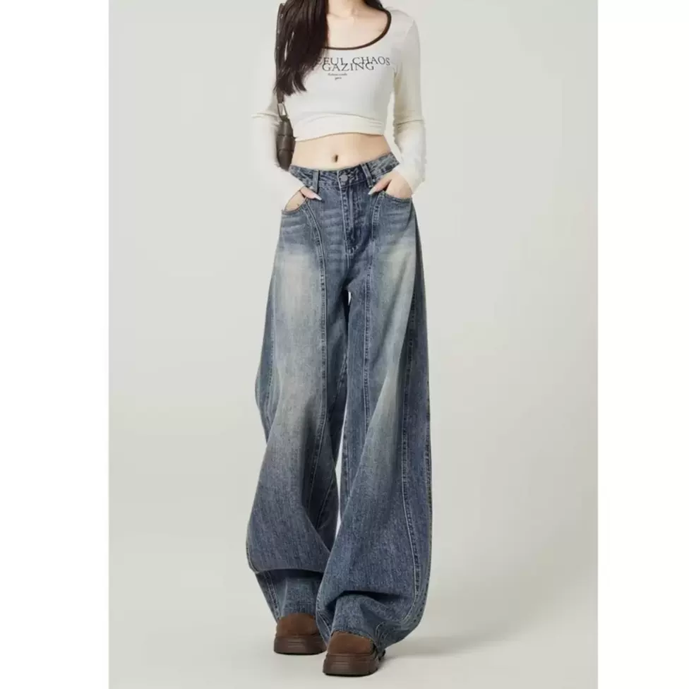 美式复古高腰阔腿牛仔裤女2025年春季新款宽松显瘦垂感拖地镰刀裤