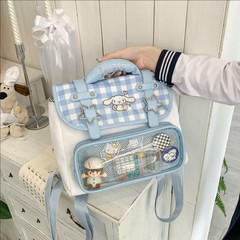 高颜值蓝色格子学院风透明痛包两用斜挎包小众设计可爱少女手提包