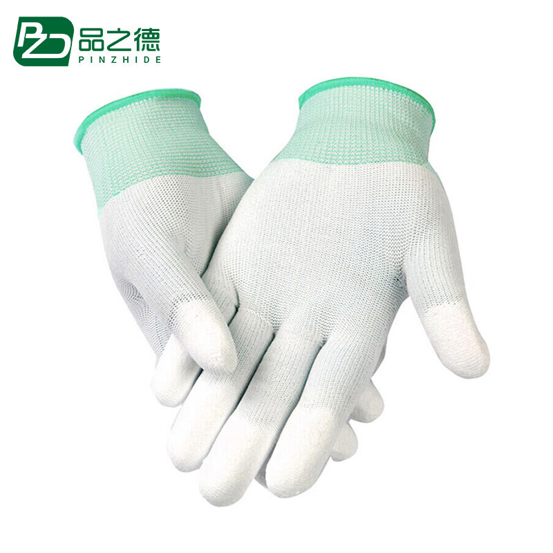 品之德 防静电手套 涂指手套PU涂层浸胶尼龙手套 绿色 M码 10双