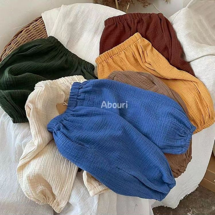 Children's Pants Bubble Cotton Retro Solid Color Anti-Mosquito Pants Unisex Versatile Sun Protection Pants Mid-High Waist Breathable Beach Pants