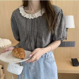 大码泡泡袖花边格子衬衫女夏法式小众套头宽松外穿短袖上衣