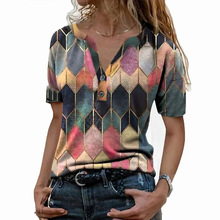 跨境亚马逊2024女装新款T恤夏季短袖时尚印花撞色V领打底衫上衣女
