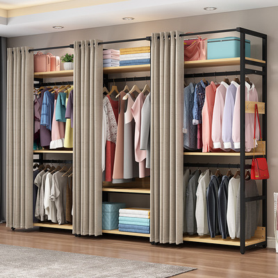 简约家用挂衣架拼接多层置物架出租房卧室落地防尘陈列钢木衣帽架|ms