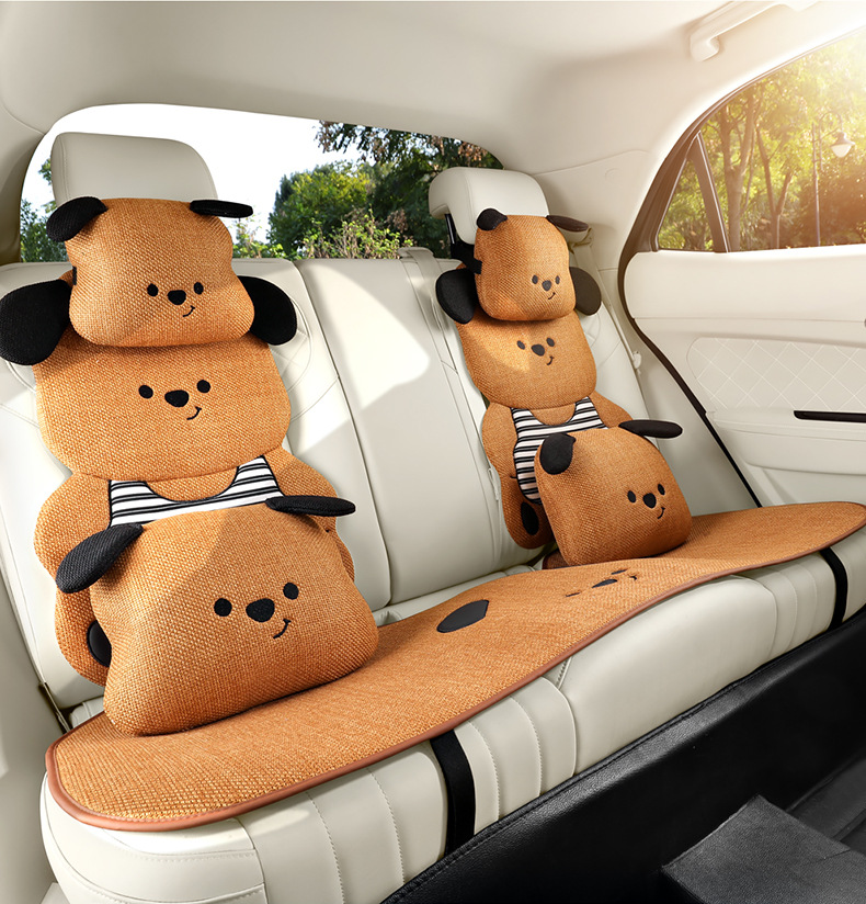 Car Seat Cushion, Universal for All Seasons, Linen Cartoon Couple Seat Cushion Cover, Half-Pack Rear Seat, High-End Cute Ladies Seat Cover