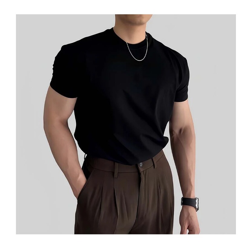 2026 Summer New Korean Style Regular Shoulder Short-Sleeve T-Shirt Men's Trendy Round Neck Slim Fit Versatile European Style T-Shirt