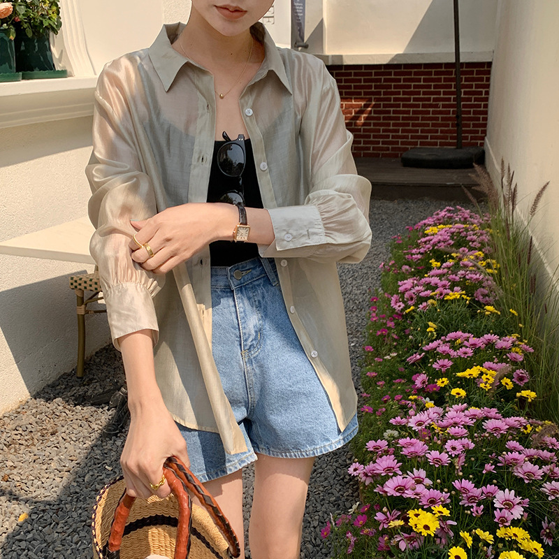 YX Spring and Summer Long-sleeved Casual Air-conditioned Shirt Women's Lazy Style Loose Cardigan Shirt Outer Wear Sun-protective Clothing