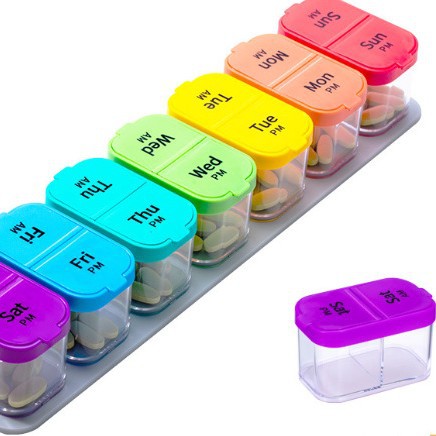 La nueva caja de medicamentos de 14 compartiones de HuDongkang, caja de medicamentos de plástico de 14 compartiones desmontable doble, caja de almacenamiento de plástico PP de grado alimenticio