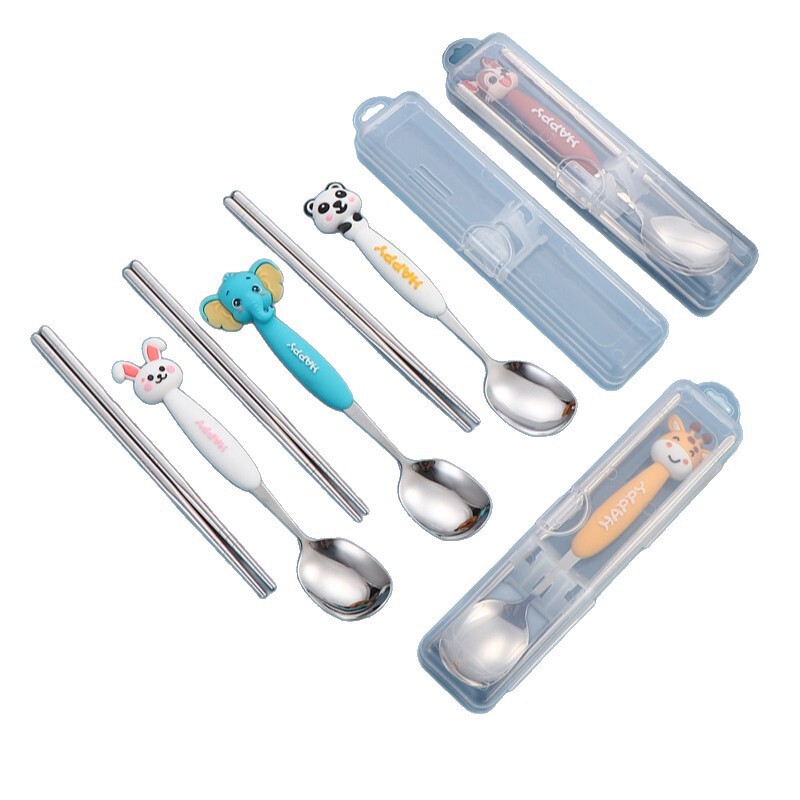 304 Stainless Steel Portable Tableware Cartoon Kidsren's Tableware Set Student Travel Chopsticks Spoon Tableware Two-Piece Set
