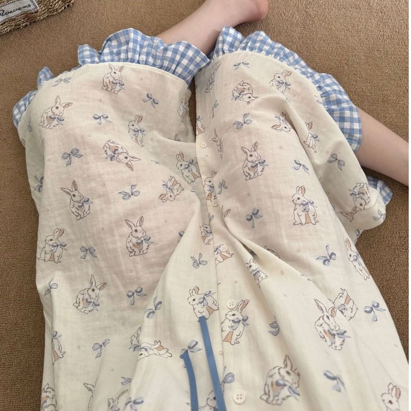 ソースファクトリークラウドコットン韓国インス甘くてかわいいウサギのネグリジェ女性の夏薄いミッドレングスパジャマ|undefined