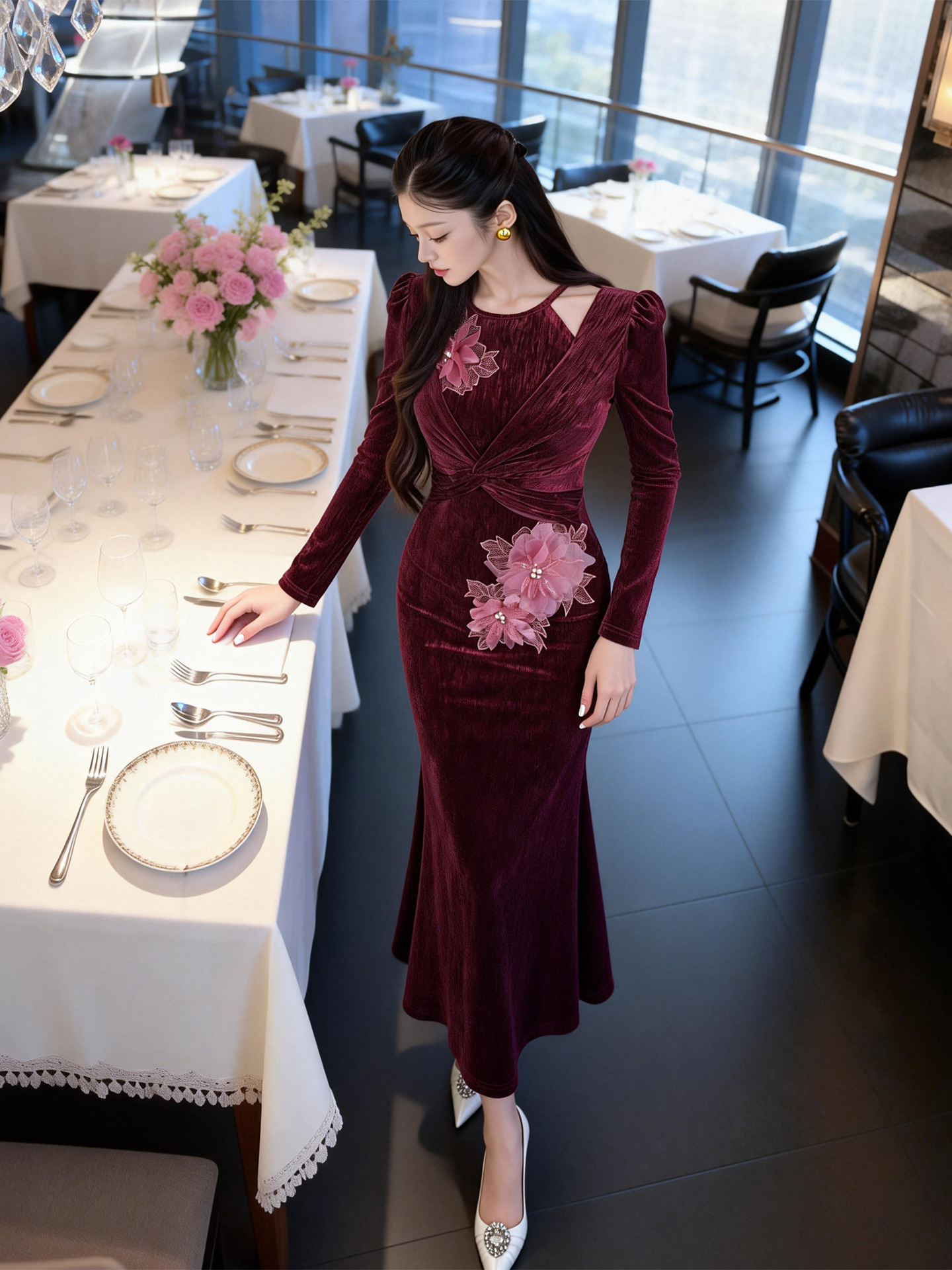 Đầm ôm body nữ thiết kế rỗng hoa lập thể phong cách Pháp — màu sắc