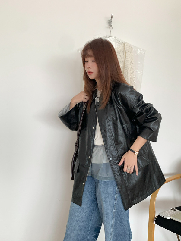 GAGD 复古中长款皮衣外套女2025秋季新款休闲宽松设计感气质上衣|undefined