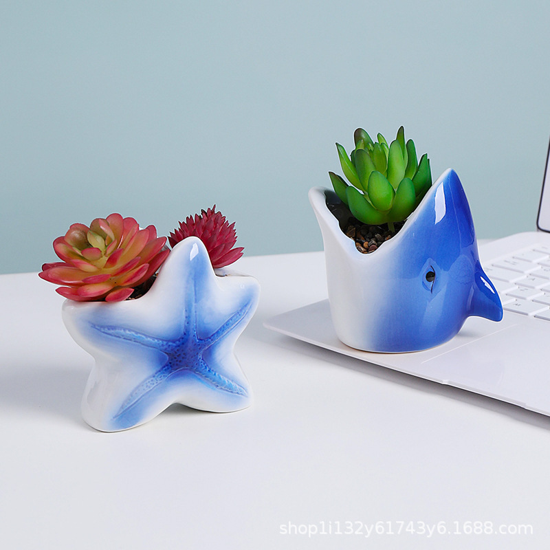 Marine Animal Simple Ins Style Bedroom Ceramic Blue Starfish Shark Small Flower Vat Desktop Ceramic Color Glaze Flower Pot