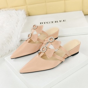 599-30 slope heel height increasing cool mop for women, wearing pointed pearl bow with hollow out nude color, versatile 