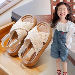 ガールズファッションサンダル夏 2022 新しい織ソフトソールプリンセスシューズノンスリップボヘミアンビーチシューズ西洋スタイル