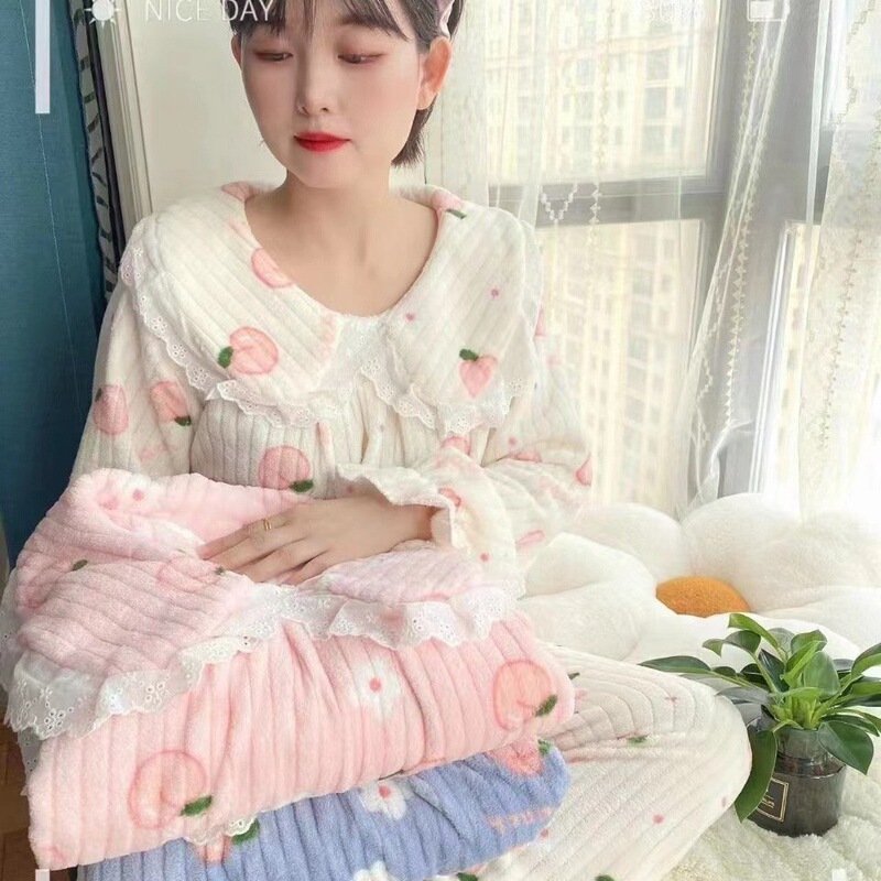 Lace pajamas for women, new coral fleece style with doll collar, sweet and cute, thickened and warm, pullover long-sleeve two-piece set for women Lace pajamas for women, new coral fleece style with doll collar, sweet and cute, thickened and warm, pullover long-sleeve two-piece set for women