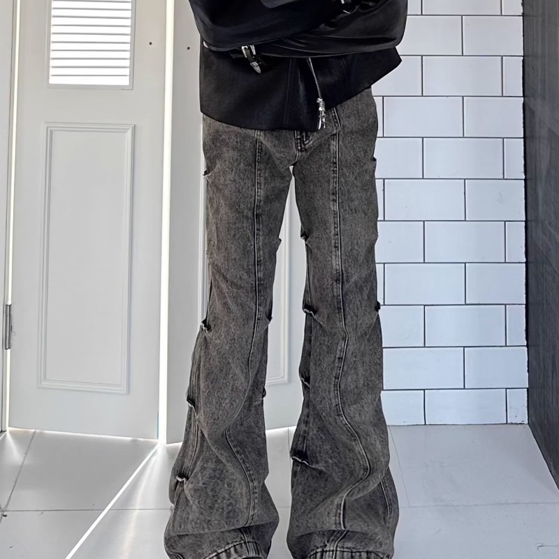 American High Street Vintage Worn-out Earth-tone Washed Pleated Flared Jeans Men's Wide-leg Trendy Long Pants_mkmklike.com