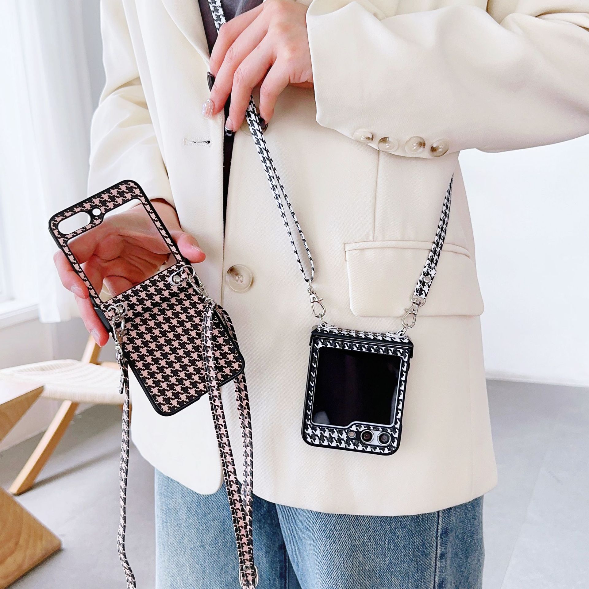 Fashion check for Samsung Galaxy Z Flip3/4/5 folding phone case ZFlip6 solid color diagonal rope_voghion.com