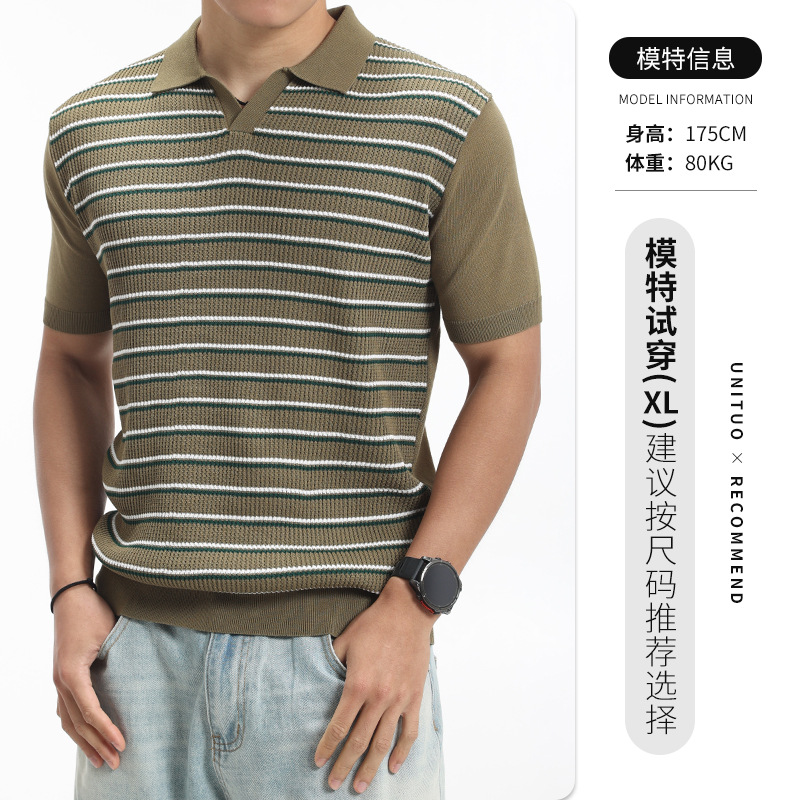 Nuevo lujo ligero viejo estilo de dinero para hombres a rayas de punto polo camisa de hombre con solapa de cuello en V de manga corta de alto nivel de ropa casual para hombres