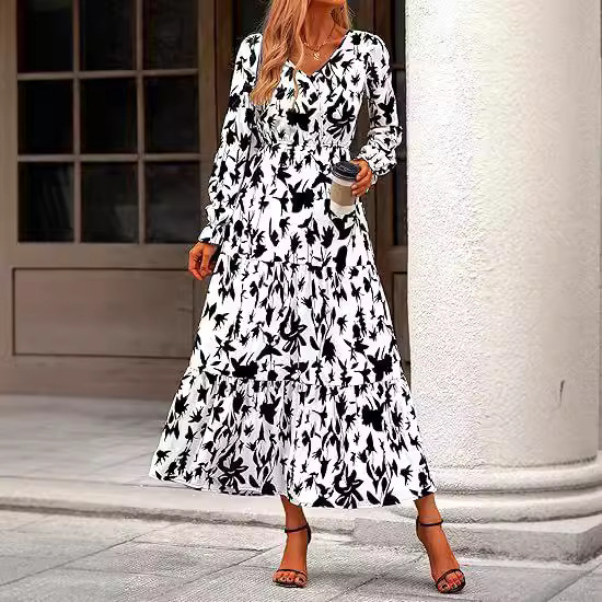 Autumn Dresses for Women 2024 Casual Long SleeVe V Neck Maxi Dress Floral Boho Maxi Dress Wedding Guest