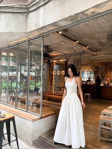 Navy Blue U-Neck A-Line Suspender Dress Women's Summer Slim-Fit Waist-Controlled Skirt Stylish Elegant Flared Long Dress