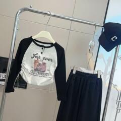 女童T恤外穿插肩袖撞色上衣抽繩女孩長袖春秋女童打底衫0050A002