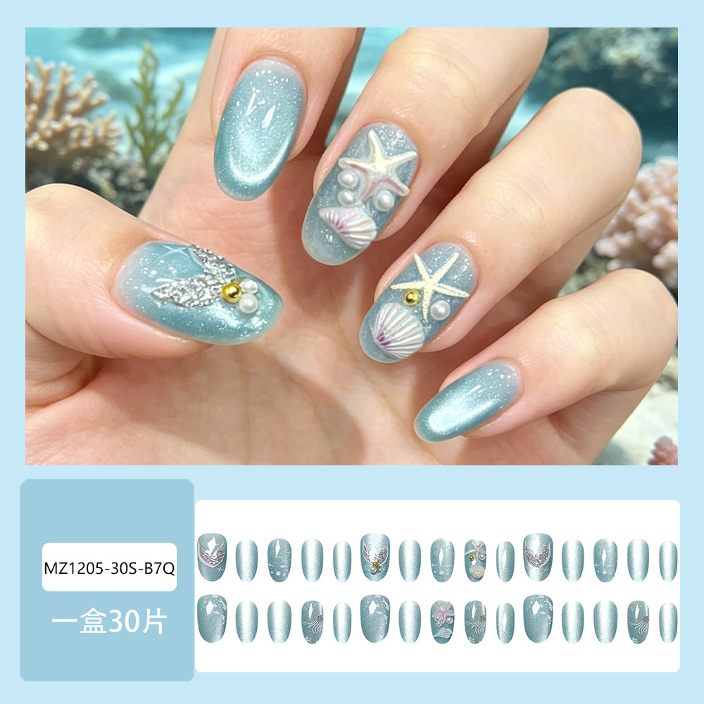 Ojos de gato azules de hielo, mar, uñas de vestir, comercio exterior, 30 piezas de verano, uñas falsas, estrellas de mar tridimensionales, conchas de manicuras