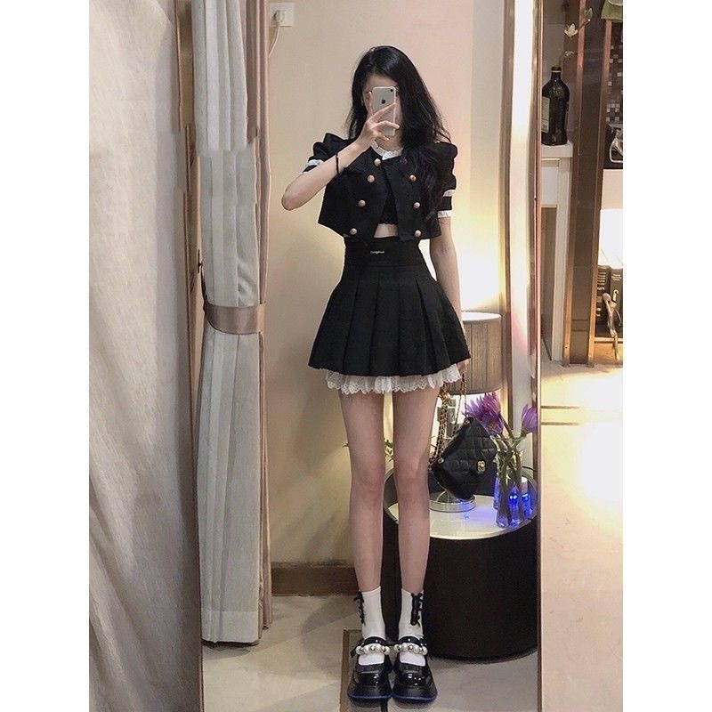 夏季新款黑色制服纯欲辣妹穿搭小香风双排扣露脐字百褶裙套装