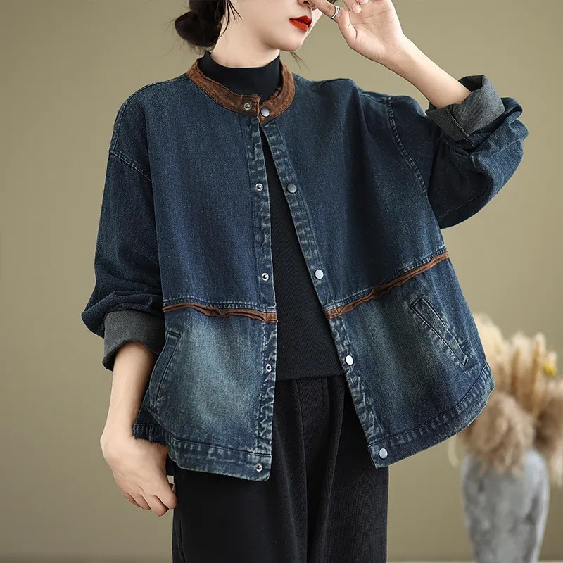 Autumn and Winter Vintage Design Sense Stitching Denim Short Coat Women's plus size All-match Round Neck Loose Fashion Jacket Top Autumn and Winter Vintage Design Sense Stitching Denim Short Coat Women's plus size All-match Round Neck Loose Fashion Jacket Top