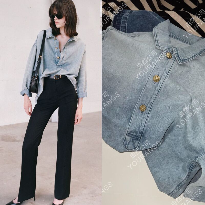 (Full gift) [loss 150] N soft organic cotton washed profile retro polo collar Denim shirt