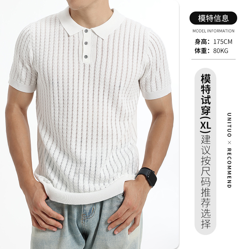 2026 nuevo polo de punto de verano hombre manga corta retro estriado collar transpirable de negocios chaqueta casual