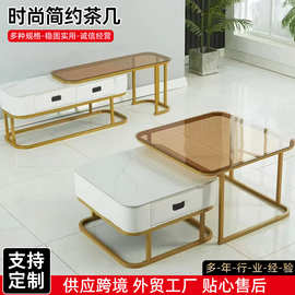 现代简约边几家用客厅可伸缩带抽屉茶几方形岩板茶桌组合客厅收纳